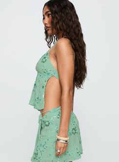 side view of model wearing Princess Polly What A Coincidence Beaded Top Teal Sleeveless Plunger 