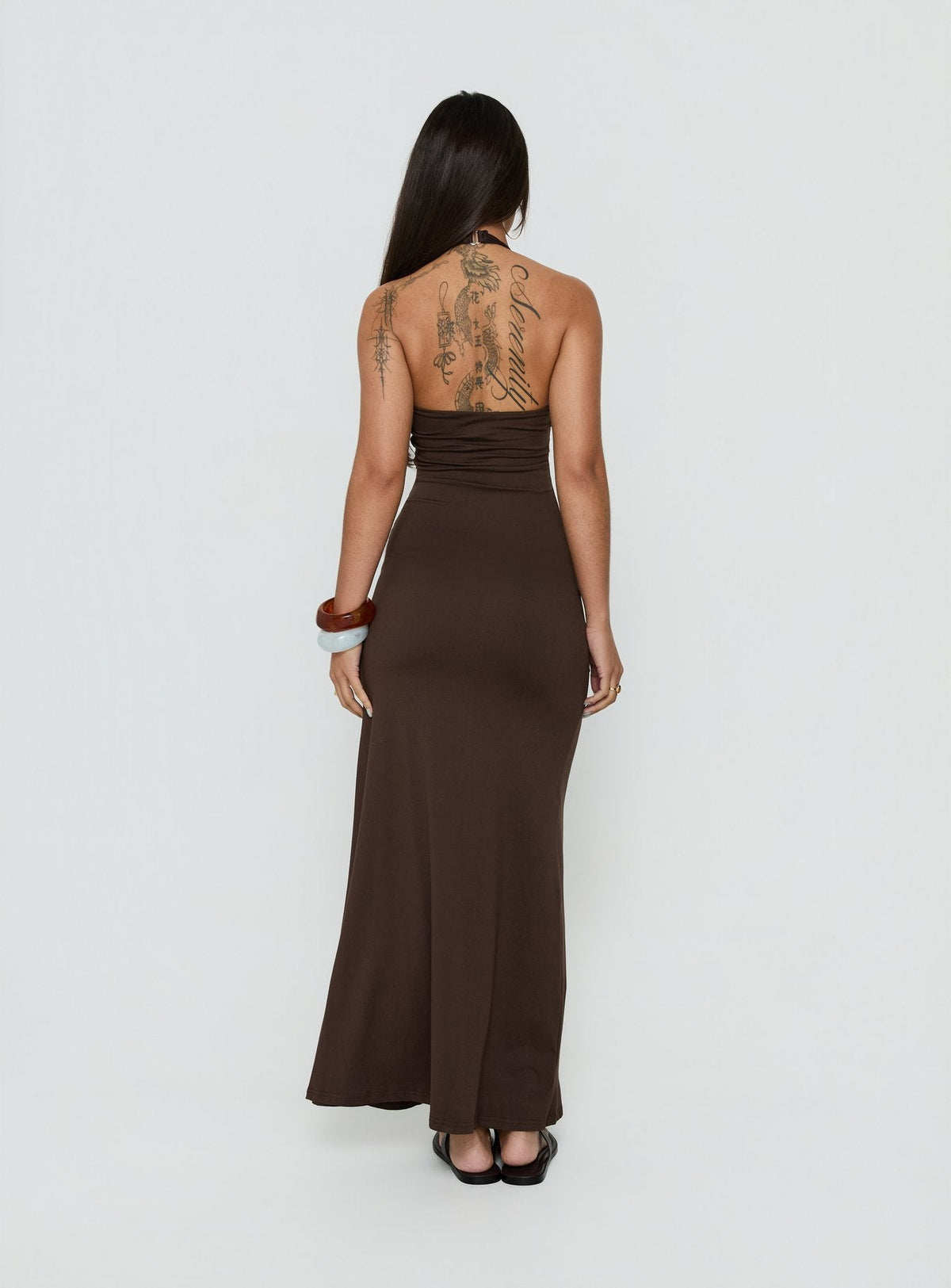 Cadira Ruched Halter Maxi Dress Chocolate
