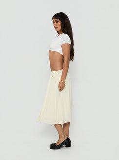 Showcasing the Iselda Draped Midi Skirt Cream in womens-skirts with relaxed fit side view of model wearing Princess Polly