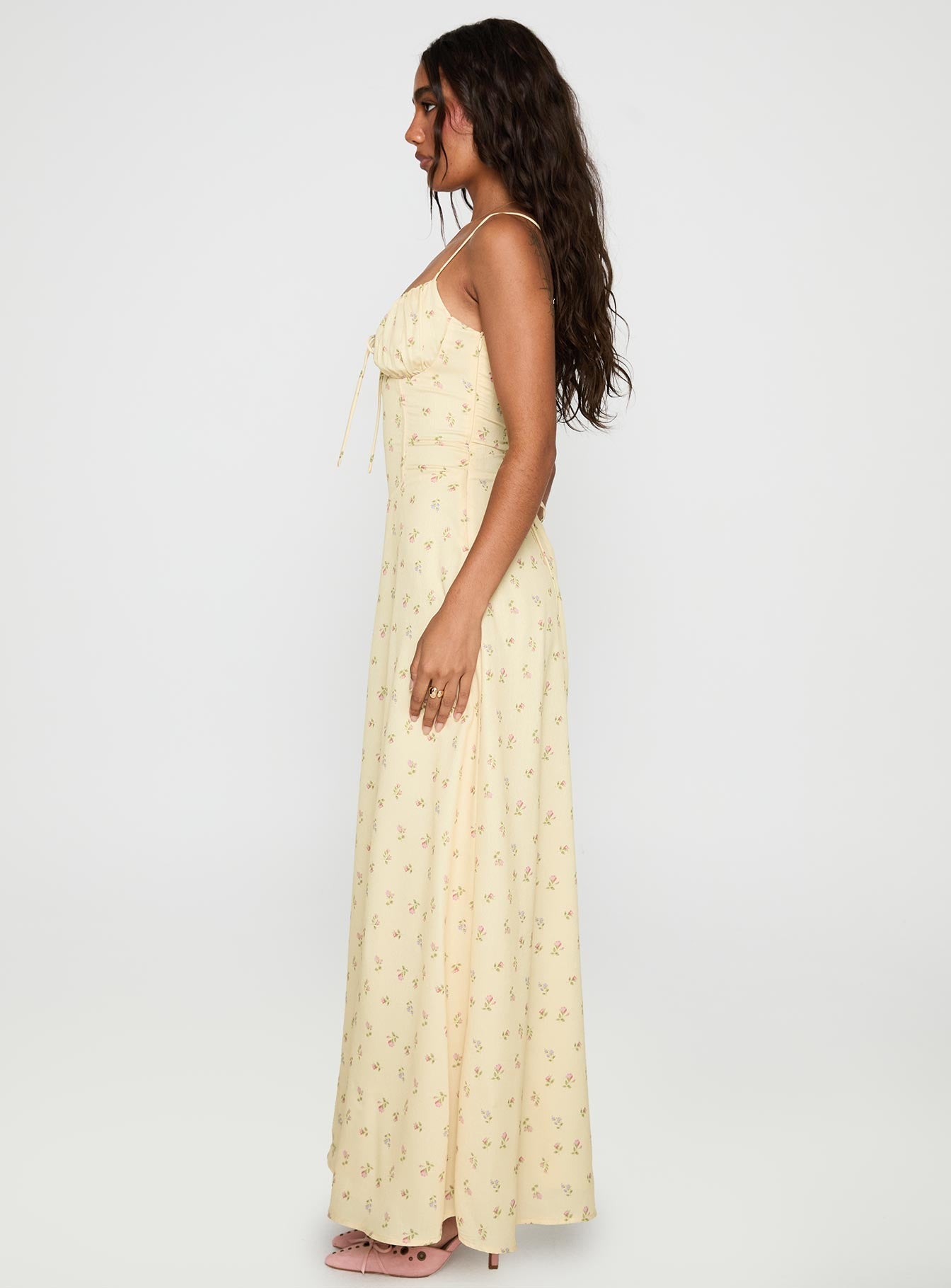 side view of model wearing Princess Polly Members Only Maxi Dress Yellow Floral Sweetheart Neckline 