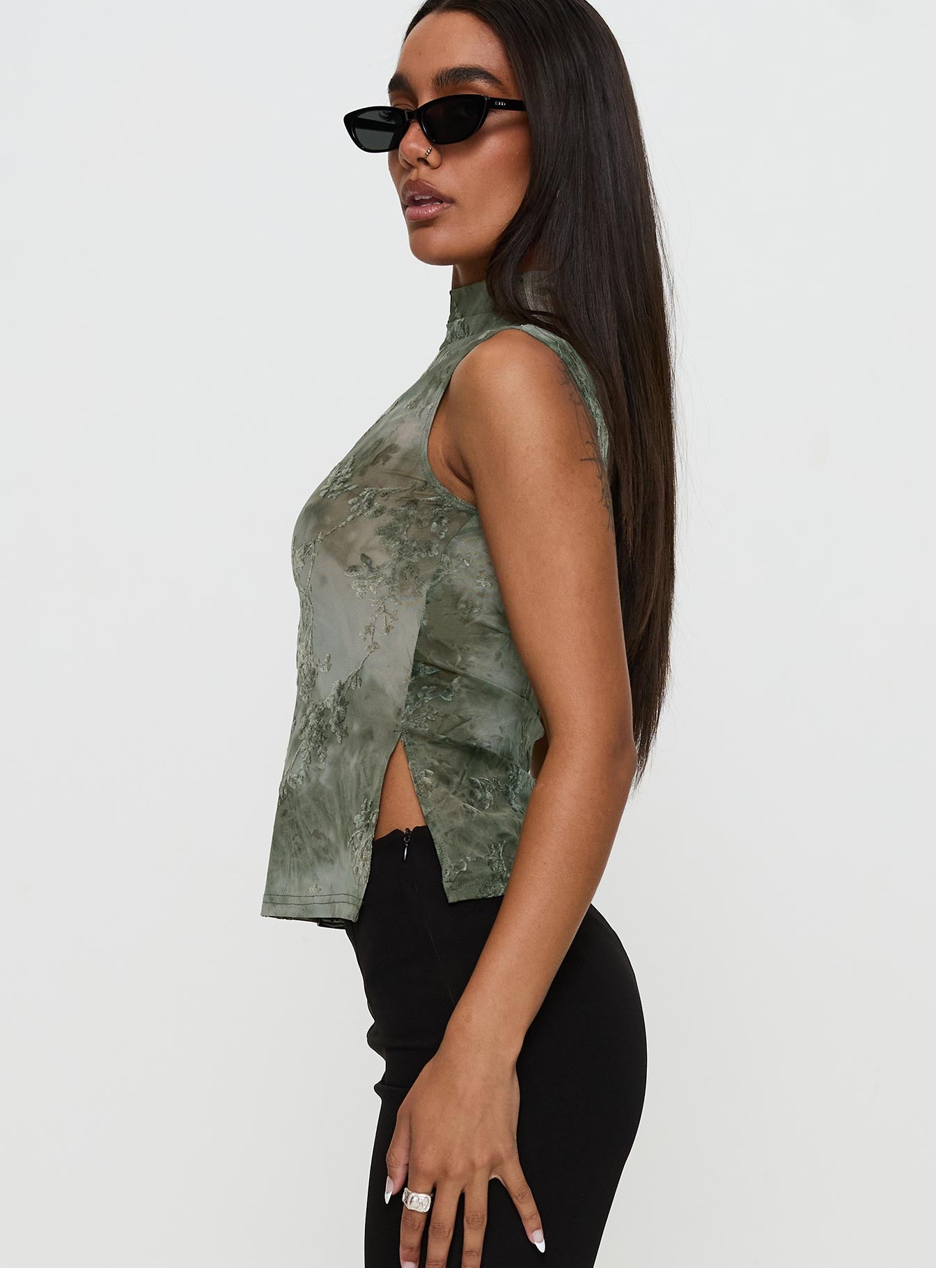 side view of model wearing Princess Polly Nights All Alone High Neck Top Multi Sleeveless High Neck 
