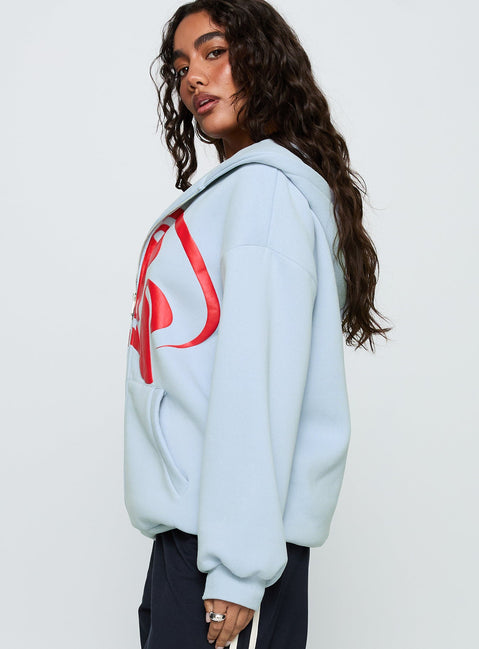 side view of model wearing Princess Polly Starblazer Zip Up Graphic Hoodie Blue / Red Long 