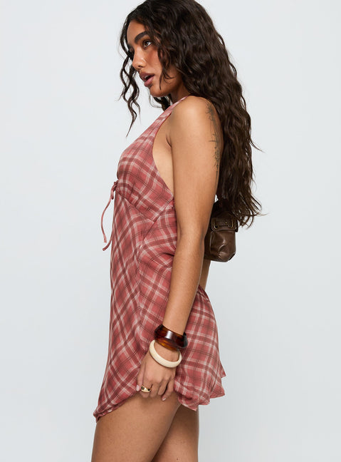 side view of model wearing Princess Polly Laraline Halter Mini Dress Red Check Plunger 