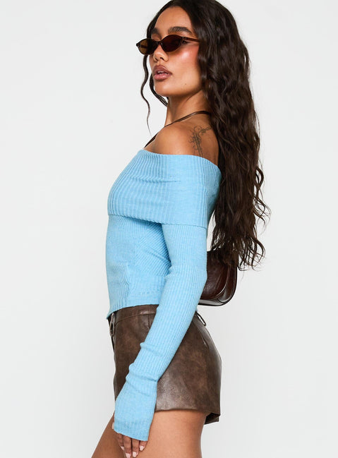side view of model wearing Princess Polly Morley Off Shoulder Sweater Blue Cropped 