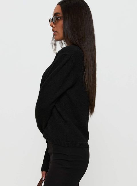 side view of model wearing Princess Polly Denmark Cardigan Black Cropped Jumpers Jumpers 
