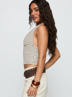side view of model wearing Princess Polly Whimsy Halter Top Chocolate / White Stripe Sleeveless Plunger 
