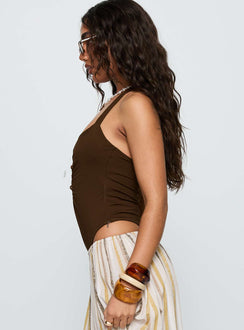 side view of model wearing Princess Polly Silverwing Cut Out Bodysuit Chocolate Sleeveless 