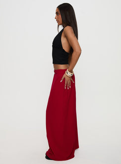  side view of model wearing Princess Polly Devoted Maxi Skirt Red Maxi 