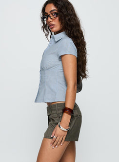 side view of model wearing Princess Polly Body Electric Low Rise Shorts Brown Pinstripe Low Rise Shorts 