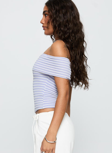 side view of model wearing Princess Polly Ausha Off Shoulder Top Lilac Stripe Short Sleeves straight 
