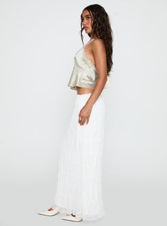  side view of model wearing Princess Polly Estefania Maxi Skirt White Maxi 