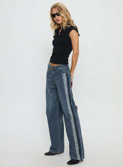 Born Again Mid Rise Straight Leg Contrast Detail Jeans Dark Blue