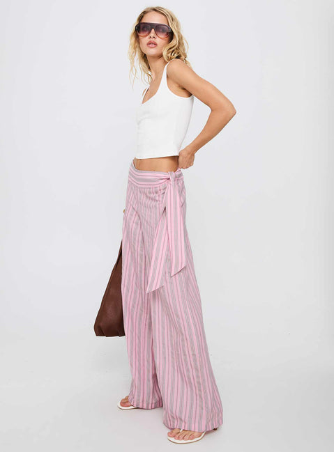 side view of model wearing Princess Polly Wave Dancer Tie Pant Pink Stripe High Waisted Pants 