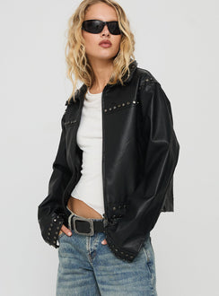 Past Lives Studded Faux Leather Jacket Black