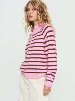 side view of model wearing Princess Polly Kaylei Zip Through Cardigan Pink Stripe regular 