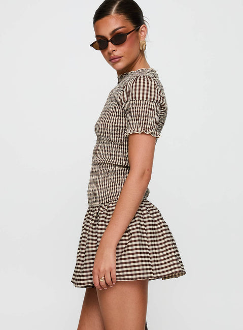 Laurita Shirred Mini Dress Brown Check Tall