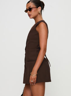 side view of model wearing Princess Polly Laire Mini Dress Chocolate V-Neck 