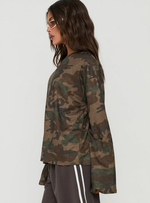 Arlla Waffle Jersey Long Sleeve Top Camo