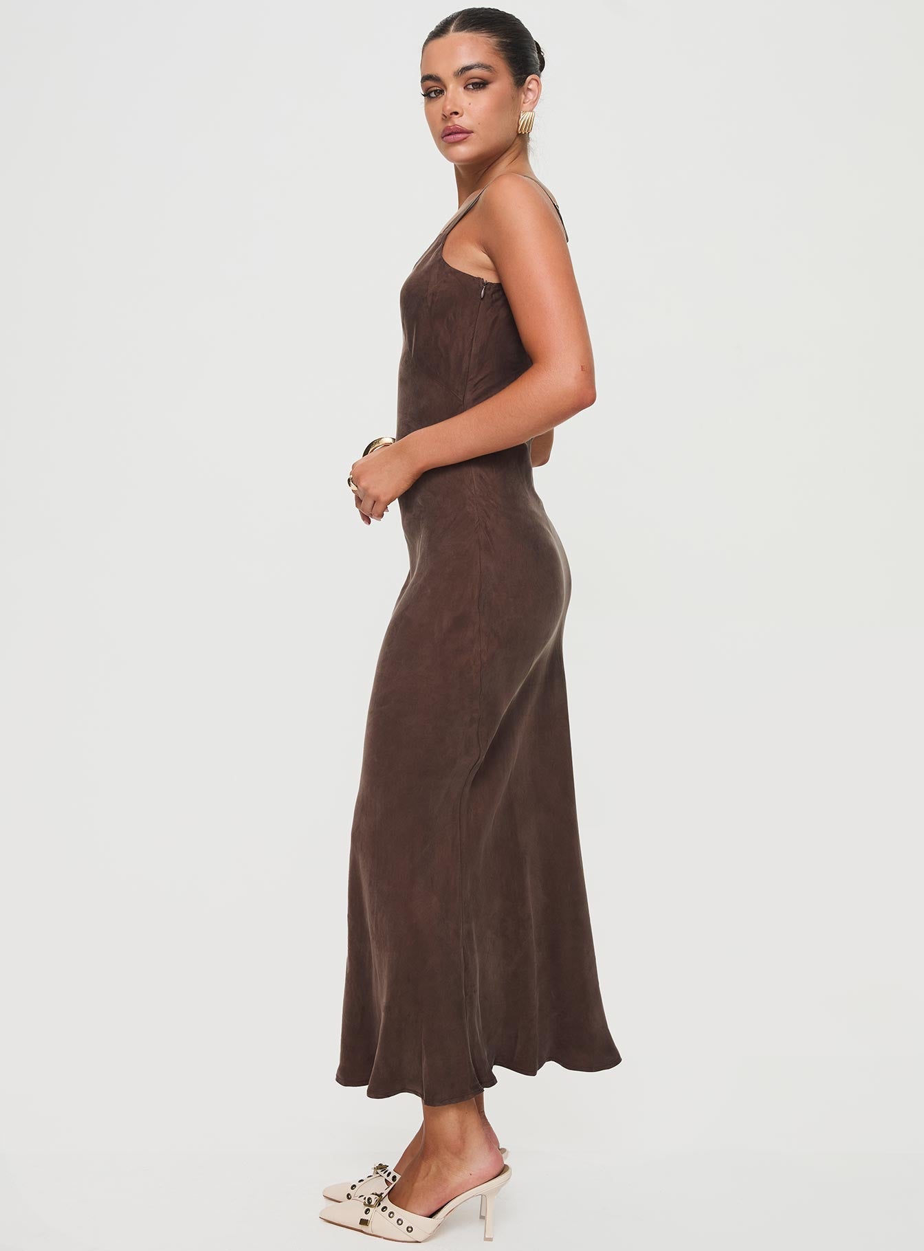 side view of model wearing Princess Polly Laurette Maxi Dress Brown Petite V-Neck 