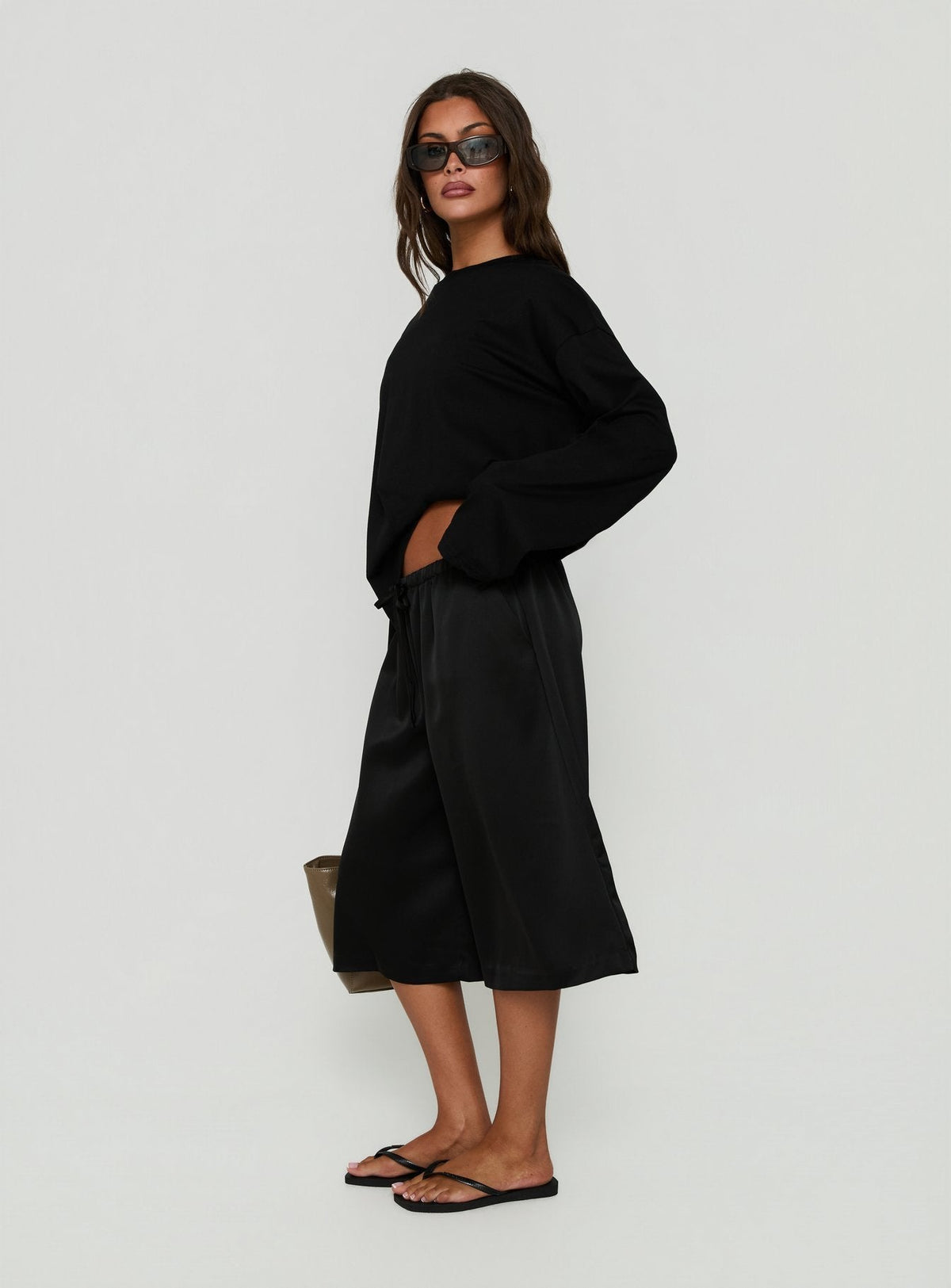 Ammeliah Satin Tie Waist Longline Shorts Black