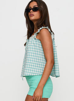 Darleena Babydoll Tie Up Top Aqua Check