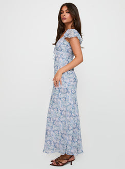 side view of model wearing Princess Polly Dahleia Maxi Dress Blue Paisley V-Neck 