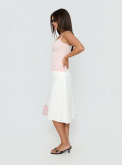 Styled in the Such Delight Linen Midi Skirt white for womens-skirts, crafted in a fitted aline design side view of model wearing Princess Polly