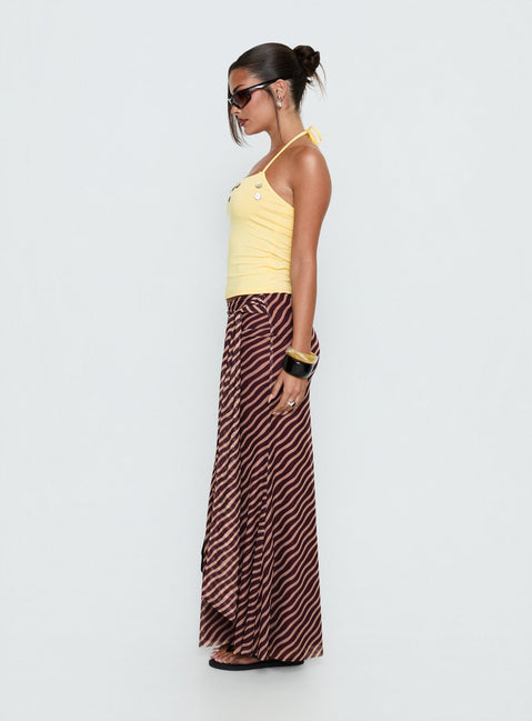   side view of model wearing Princess Polly Caviar Tie Maxi Skirt Brown Stripe Maxi Skirts 