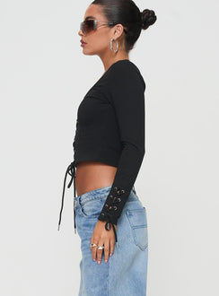 Long sleeve top Scooped neckline, lace up front and cuffs with tie fastening, silver-toned eyelets Good stretch, unlined 