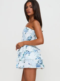 side view of model wearing Princess Polly Sunkiss Frill Mini Dress White / Blue Petite Straight Neck 