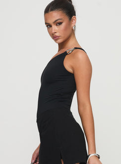 side view of model wearing Princess Polly Talija One Shoulder Bodysuit Black Sleeveless 