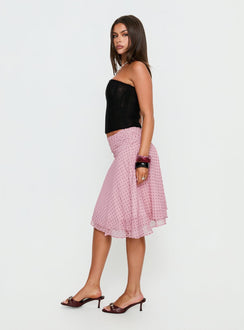 Evanescence Asymmetrical Midi Skirt Pink Polka Dot