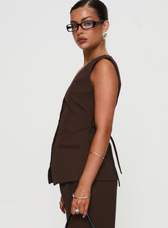 side view of model wearing Princess Polly Ambient Longline Button Up Top Chocolate Sleeveless V-Neck 