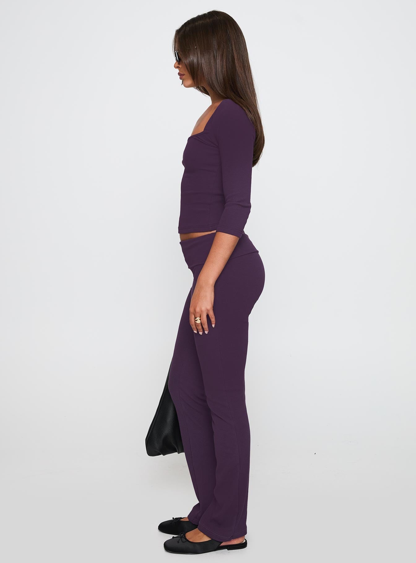 side view of model wearing Princess Polly Truth Be Told Straight Leg Pant Purple Low Rise Pants 