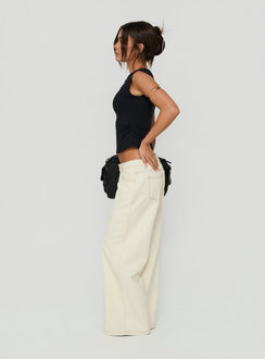 Presenting Picco Ultra Low Rise Wide Leg Jeans Cream in womens-jeans with low-rise side view of model wearing