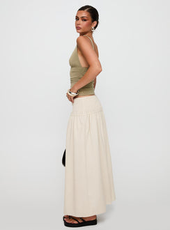   side view of model wearing Princess Polly Small Towns Shirred Midi Skirt Beige Maxi 