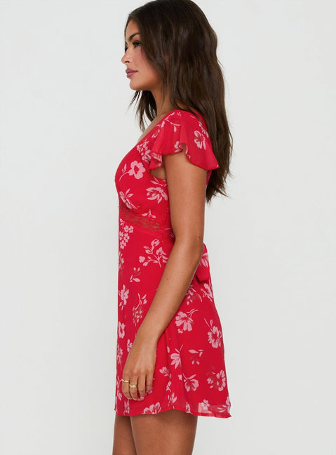Arvexa Lace Trim Mini Dress Red Floral