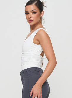side view of model wearing Princess Polly Klaude Bodysuit White Sleeveless Plunger 
