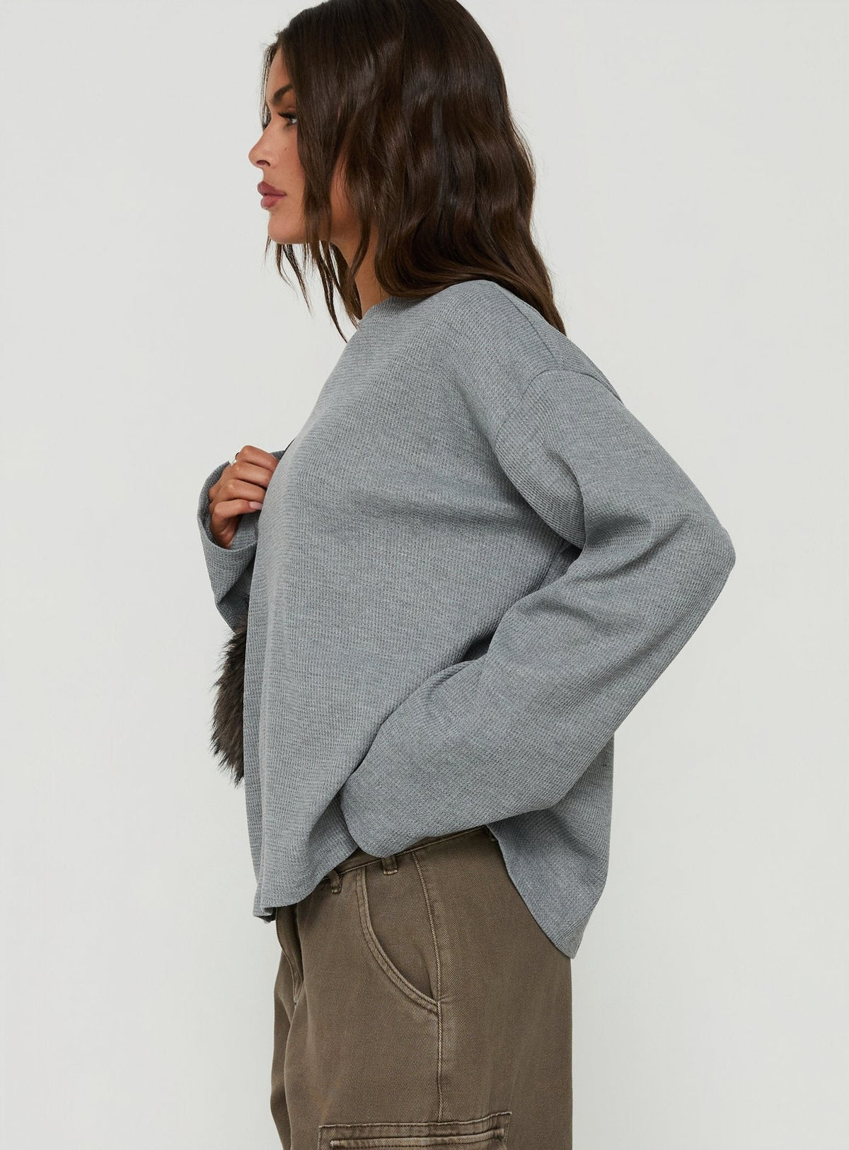 Arlla Waffle Jersey Long Sleeve Top Grey