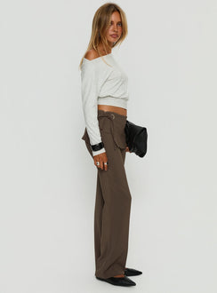 side view of model wearing Princess Polly Elka Wrap Trousers Truffle Mid Rise Pants 