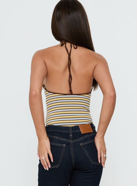 Designed with the Aethoria Arrowneck Bodysuit Multi Stripe womens bodysuit with sleeveless silhouette back view of model wearing Princess Polly