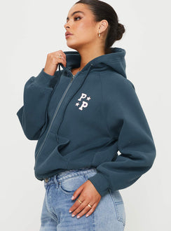 Princess Polly Zip Up Hooded Sweatshirt Navy/Red Princess Polly  Cropped 