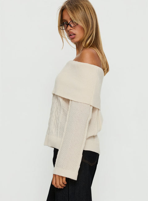 Discover the Margarete Off Shoulder Knit Sweater Cream womens jumper with short length and boat neckline side view of model wearing Princess Polly
