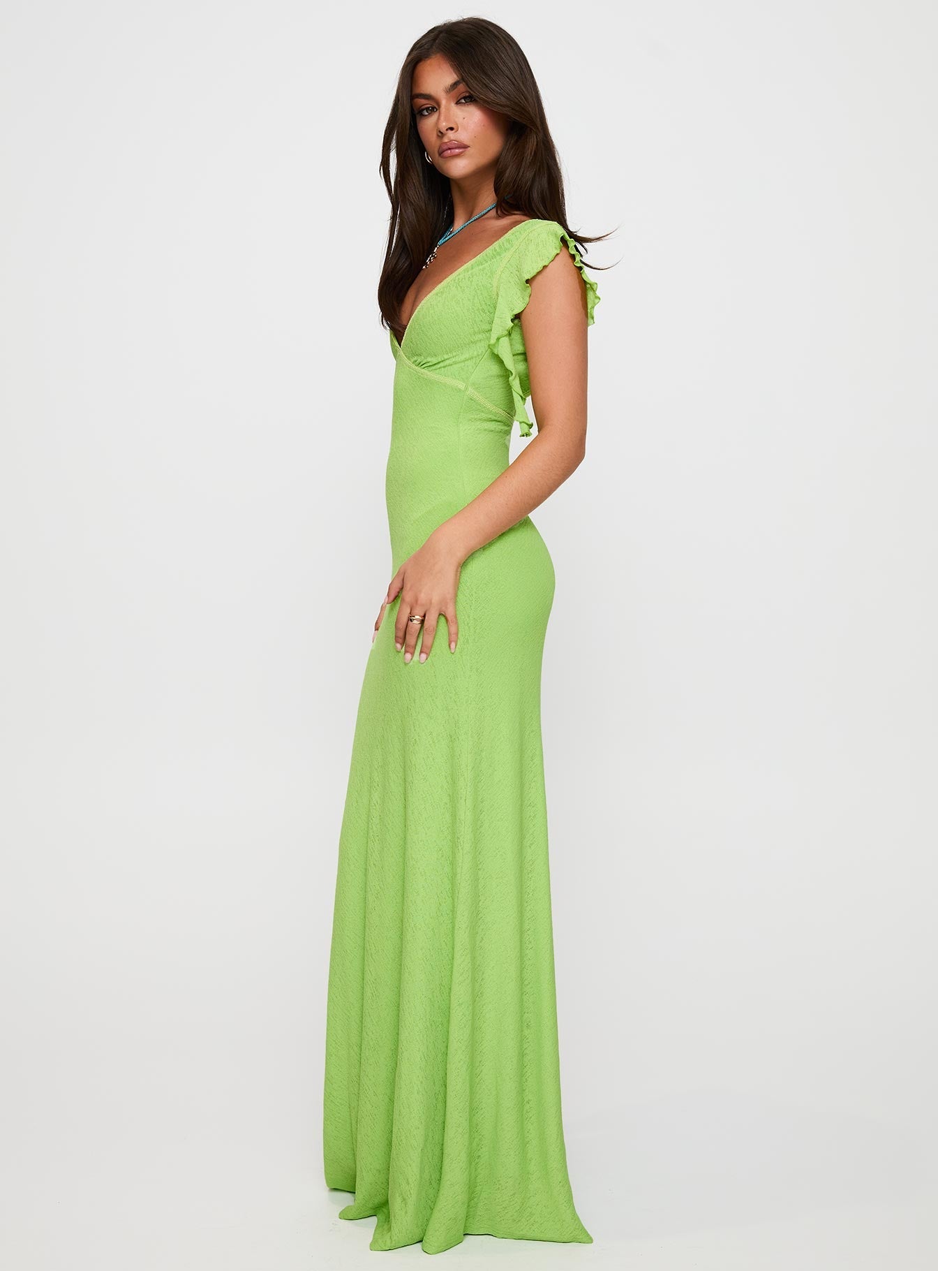side view of model wearing Princess Polly Soleila Maxi Dress Green Tonal Plunger 