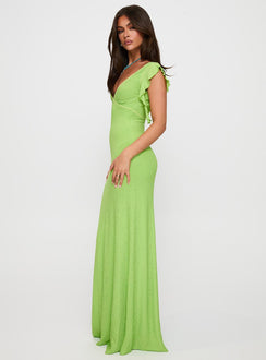 side view of model wearing Princess Polly Soleila Maxi Dress Green Tonal Plunger 