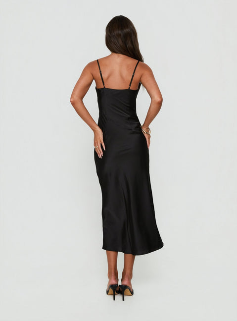 Declanna Satin Lace Trim Slip Midi Dress Black