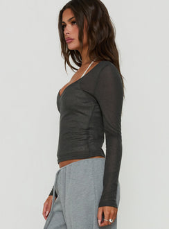 Kaiyah Sheer V Neck Long Sleeve Top Slate