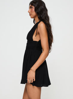 Black Mini dress Relaxed fit, fixed shoulder straps with tie detail, plunging neckline, invisible zip fastening, ruched waistband