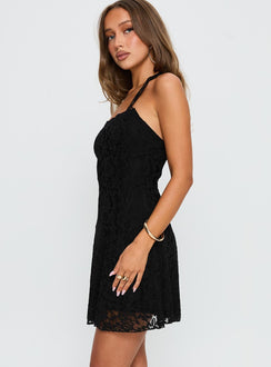 side view of model wearing Princess Polly Front Page Halter Lace Mini Dress Black Square Neck 