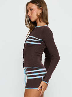 side view of model wearing Princess Polly Beverlea Button Down Knit Cardigan Brown / Blue Stripe 